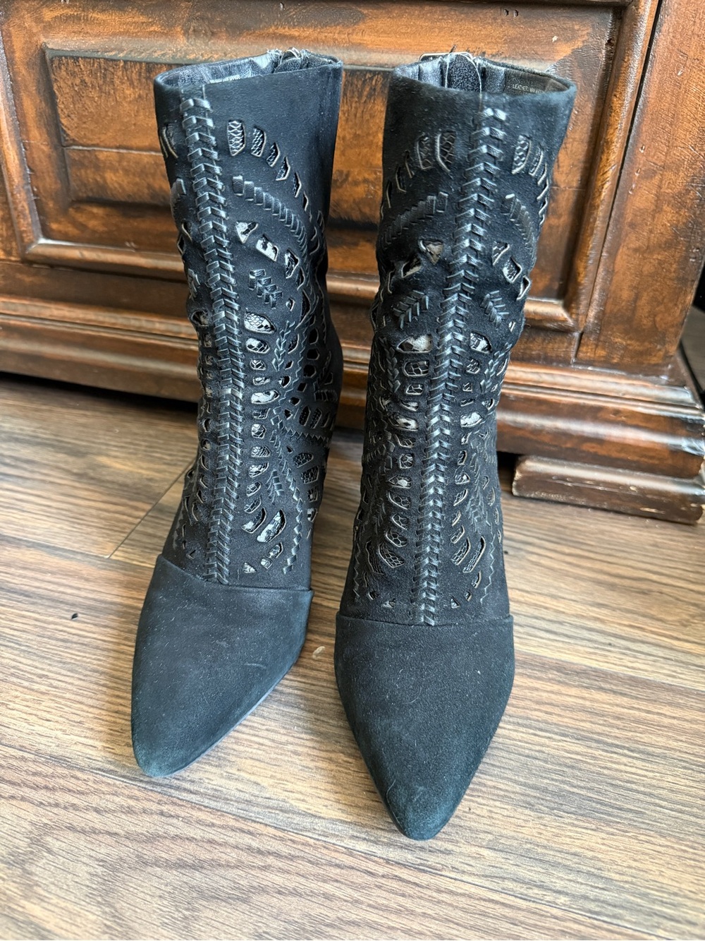 ANTONIO MELANI Black Suede Laser-Cut Pointed-Toe Mid-Calf Boots